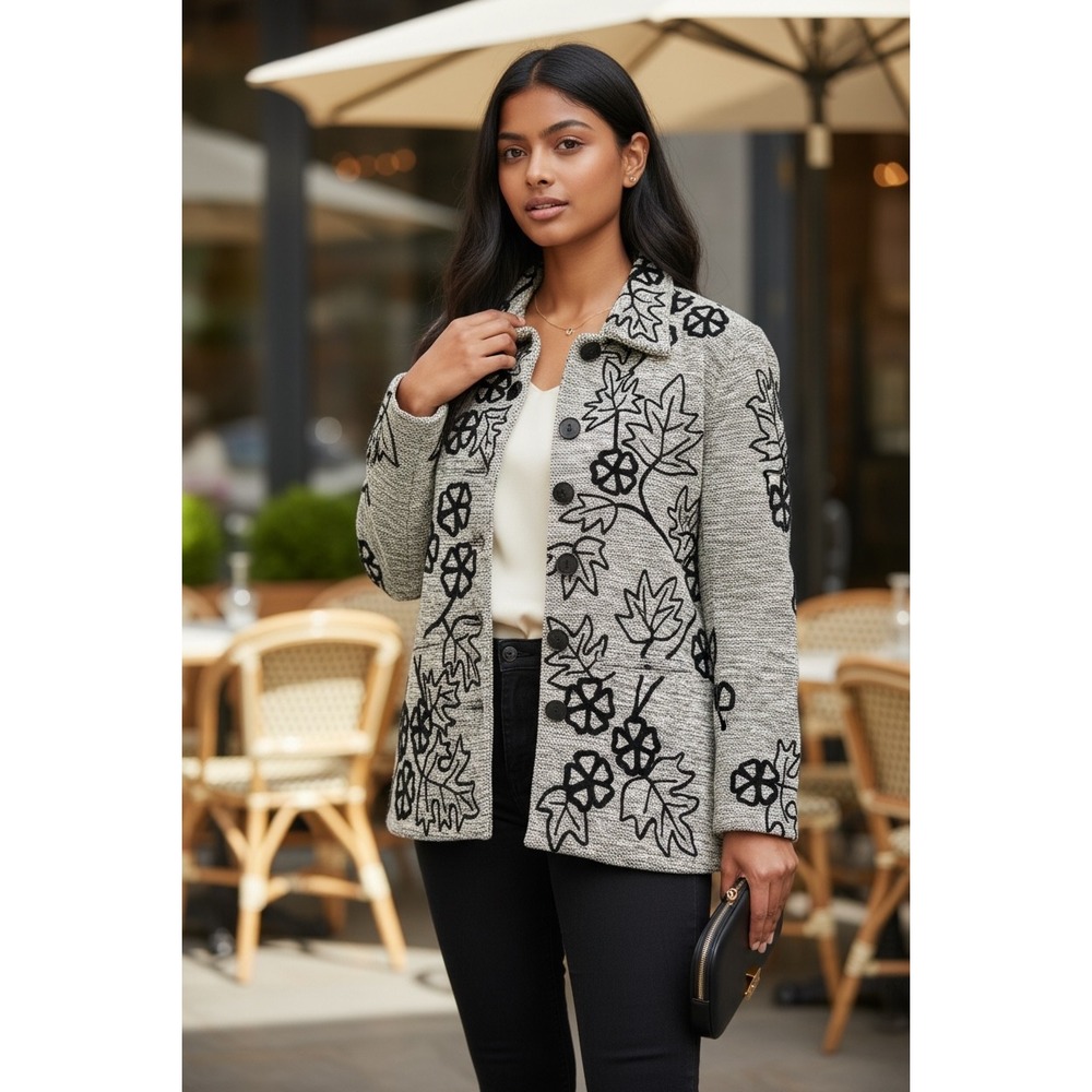 Anage Womens cool boho chic flower textured Jacket Oatmeal Black Size L